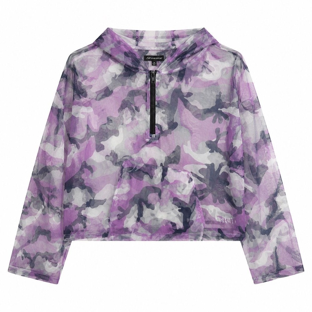 Shinesty Womens Purple Camo Mesh Hoodie Quarter Zip Cropped Pullover Size M